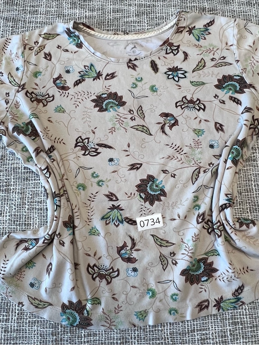White Stag Beige Floral Short Sleeve Tee with Teal and Brown Accents